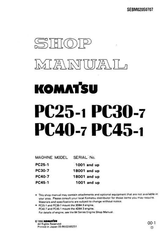 MANUAL DE SERVICIOS MINI EXCAVADORA PC25-1 PC40-7 PC30-7 PC40-7 PC45-1