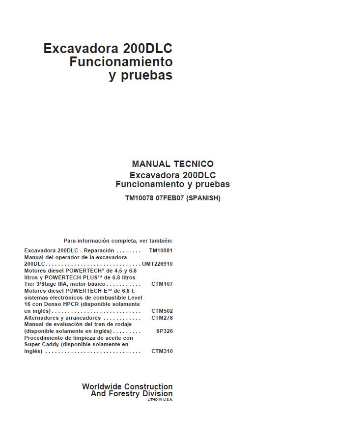 Manual Técnico Funconamiento y Pruebas John Deere 200DLC
