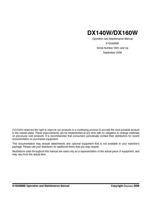 Manual de Operacion y Manteniento Excavadora sobre Ruedas Doosan DX140W  DX160W