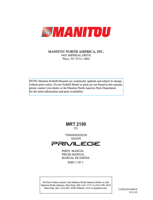 Manual de Partes Telehandler ManiTou MRT2150