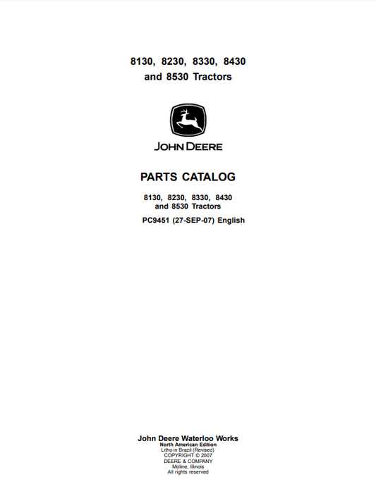 Manual de Partes Tractores John Deere 8130, 8230, 8330, 8430, 8530 - PC9451