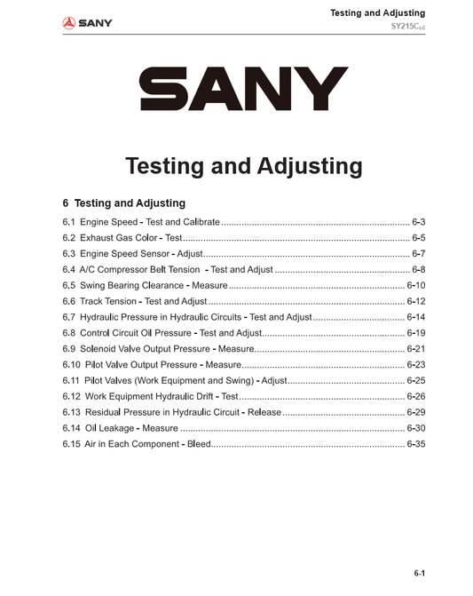 Manual de Prueba y Ajuste Excavadora Sany- SY215C