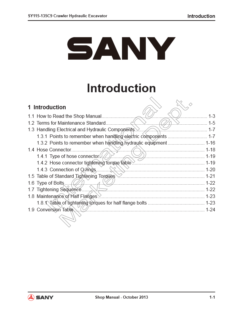 Manual de Servicio Excavadora Sany SY115C9  SY135C9